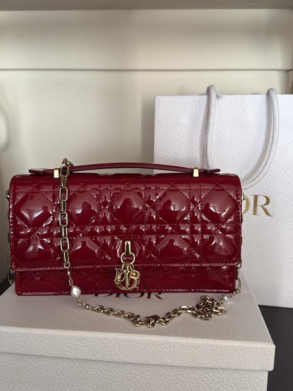 Dior Burgundy Patent Cannage Crossbody Bag with Gold Hardware